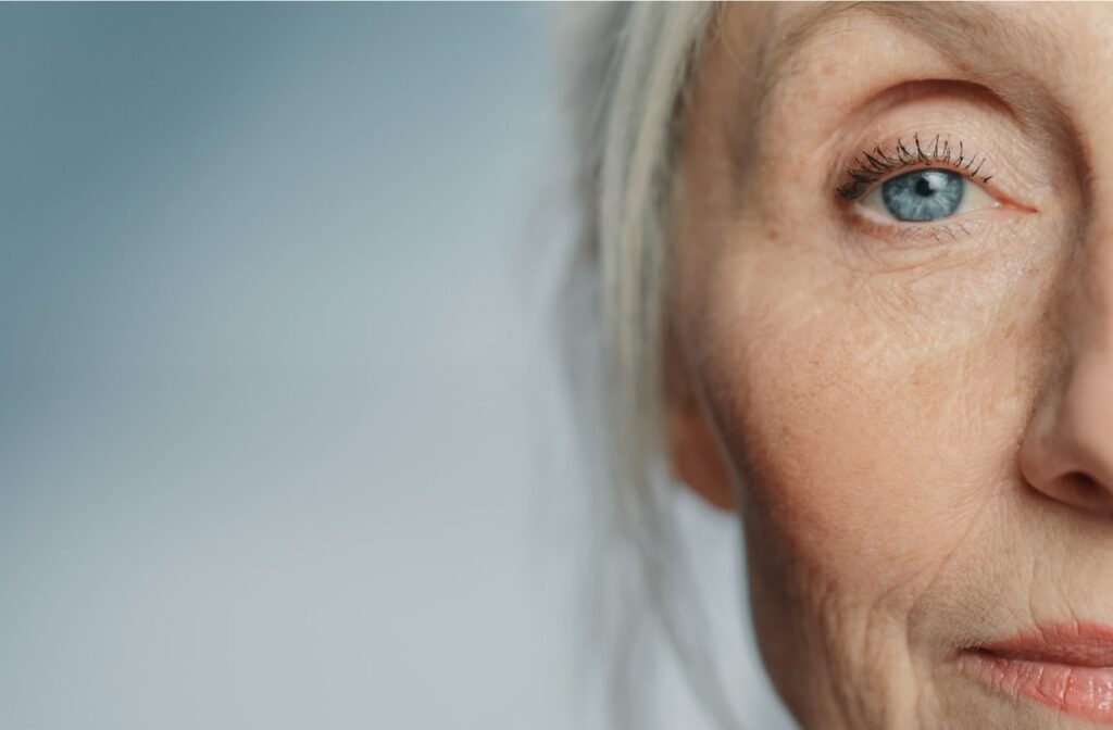 A close-up image of an older woman's eyes and face
