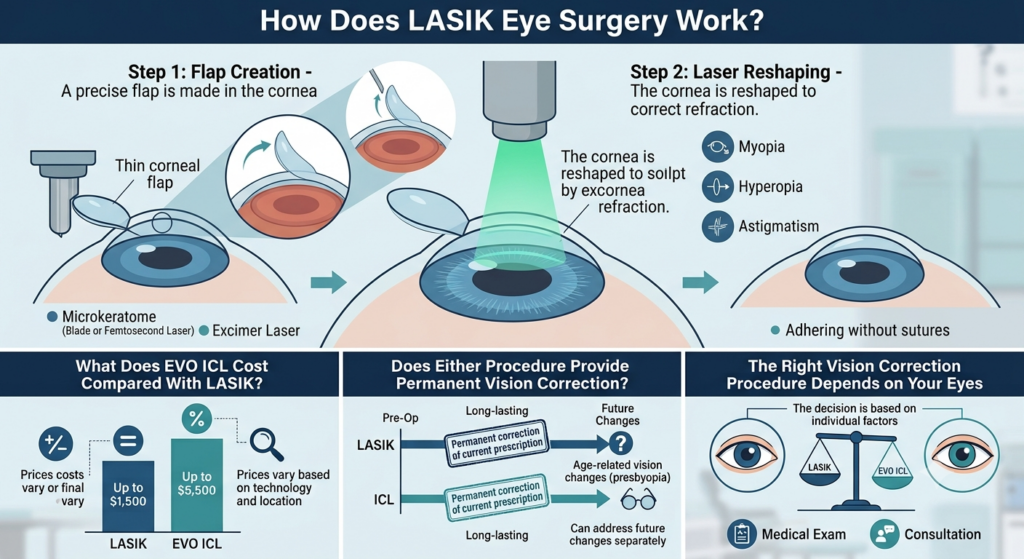 Infographic showing how LASIK eye surgery works: flap creation, corneal reshaping with laser, and post-op outcomes like improved vision and potential risks; includes cost and decision factors panels.